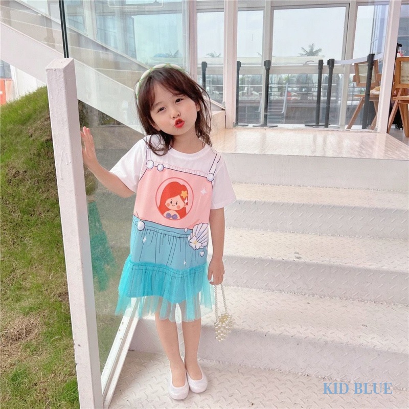 Đầm Thun Tay Ngắn Giả Hai Mảnh Họa Tiết Hoạt Hình Thời Trang Mùa Hè Cho Bé Gái