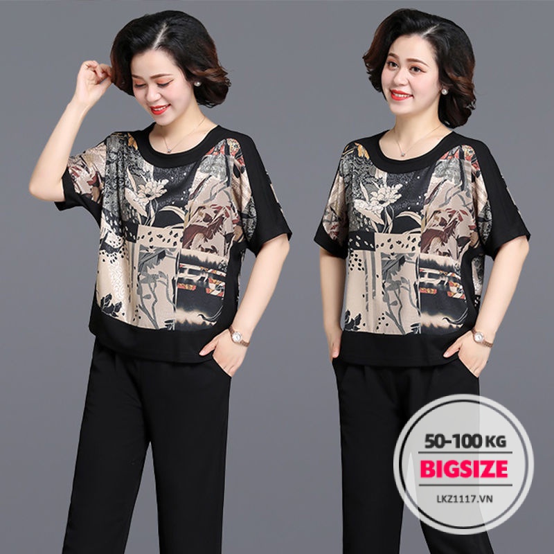 Set bộ đồ nữ trung niên cho mẹ Bigsize Áo thun tay ngắn kết hợp quần ống rộng Quần áo nữ trung niên Phong cách hàn quốc Thời Trang trẻ trung sang trọng đẹp cao cấp