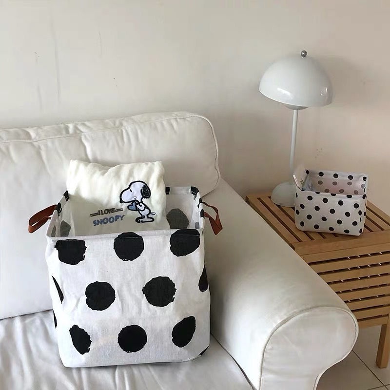 Giỏ Đựng Quần Áo Bẩn Họa Tiết Chấm Bi Trắng Đen Kích Thước Lớn Có Thể Gập Lại Tiện Dụng