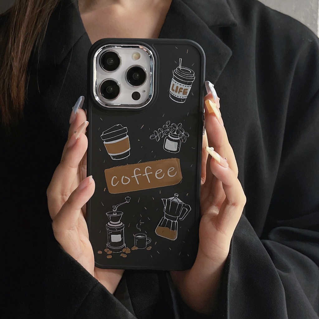 Ốp Điện Thoại Silicon TPU Mềm Mạ Điện Họa Tiết Cà Phê Đơn Giản Bảo Vệ Ống Kính Máy Ảnh Cho iphone 14 12 13 11 Pro Max