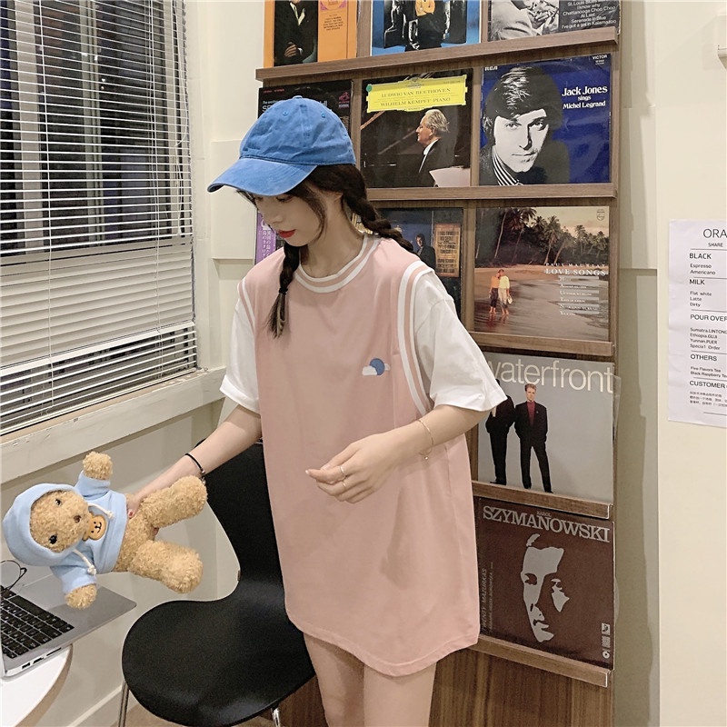 Áo Thun Ngắn Tay plus size Giả Hai Lớp Phong Cách Hàn Quốc Dành Cho Nữ