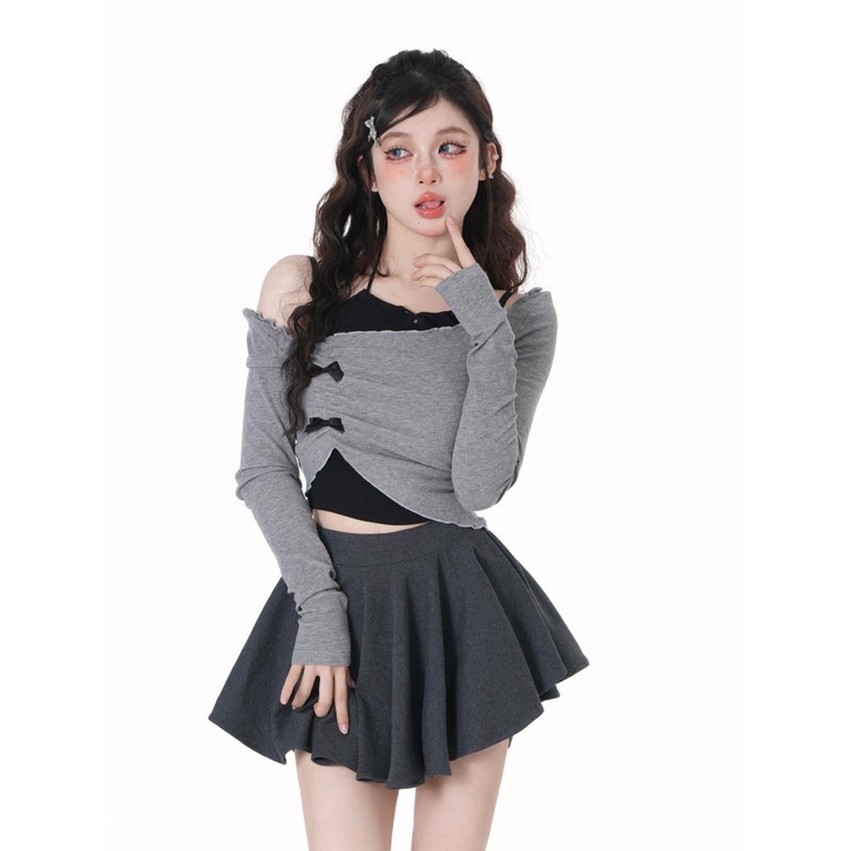 Áo Trễ Vai Tay Dài Phối Nơ Phong Cách Mới Dây đeo bất thường Mùa hè mới Bowknot Pantsuit Fake Two Piece One Piece Set