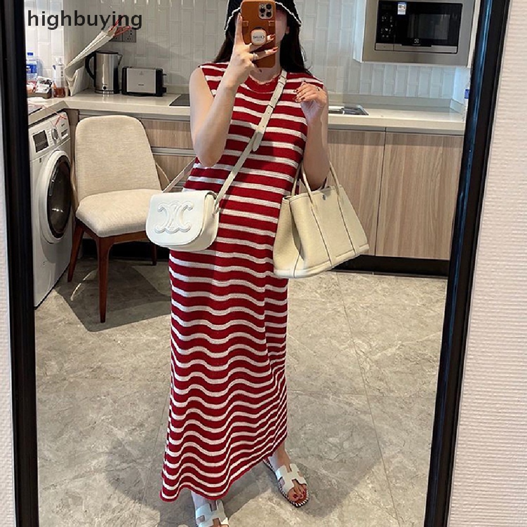 Đầm Dài Không Tay Họa Tiết Kẻ Sọc Phong Cách Hàn Quốc Cho Nữ