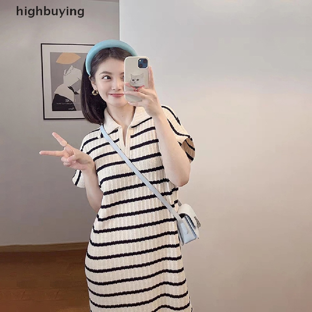 Đầm Thun Dài Cổ Chữ V Tay Ngắn Họa Tiết Kẻ Sọc Thời Trang Cho Nữ