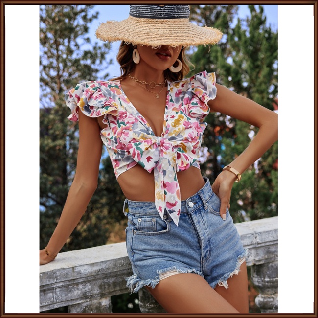 Áo Croptop Chiffon Tay Ngắn Dáng Rộng In Họa Tiết Hoa Đính Nơ Thời Trang Mùa Hè Xinh Xắn Cho Nữ