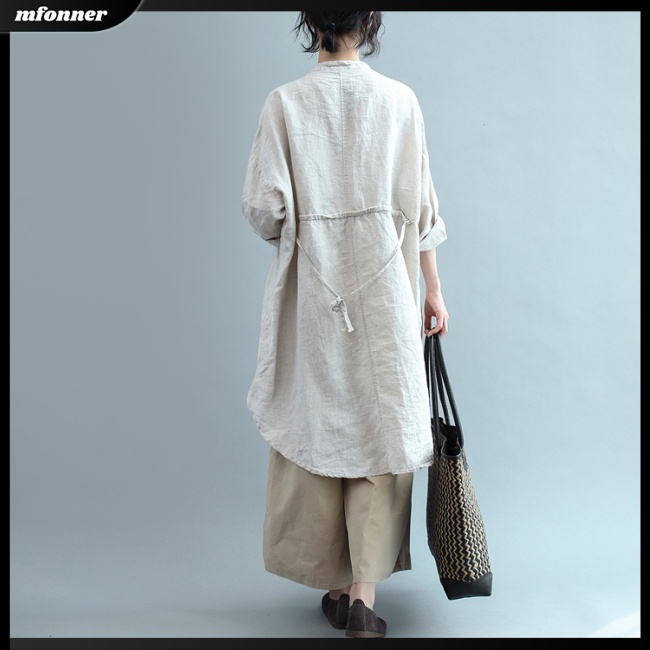 Áo Sơ Mi Nữ Tay Dài Dáng Rộng Bằng Cotton Linen Màu Trơn Thời Trang