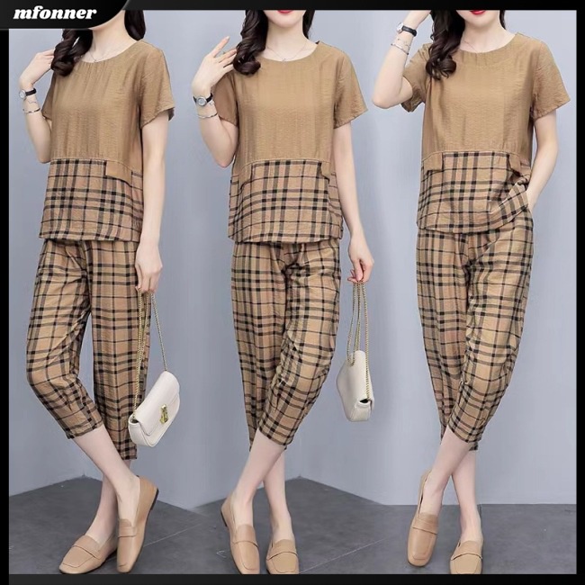 Bộ Trang Phục 2 Mảnh Chất Liệu Cotton Lanh Cổ Tròn Tay Ngắn Dáng Rộng Họa Tiết Sọc Caro Cho Nữ