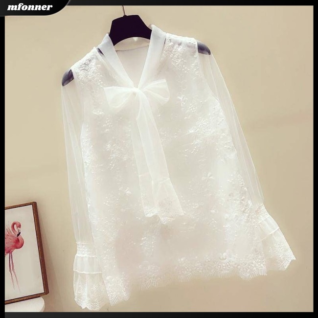 Áo Ren Tay Dài Cổ Chữ V Thắt Nơ Màu Trơn Dễ Thương Thời Trang Mùa Hè Cho Bạn Gái