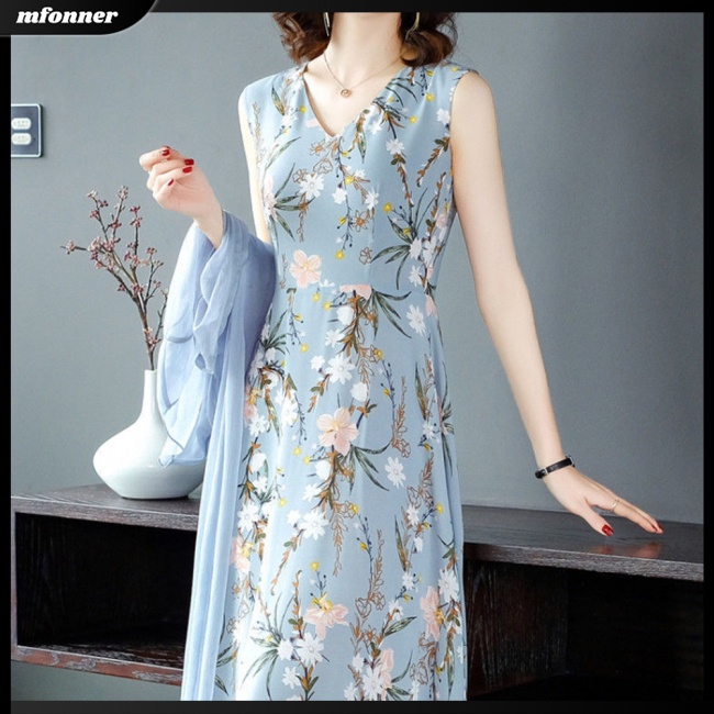 Bộ Đầm Voan 2 Mảnh Không Tay In Họa Tiết Xinh Xắn Dành Cho Nữ