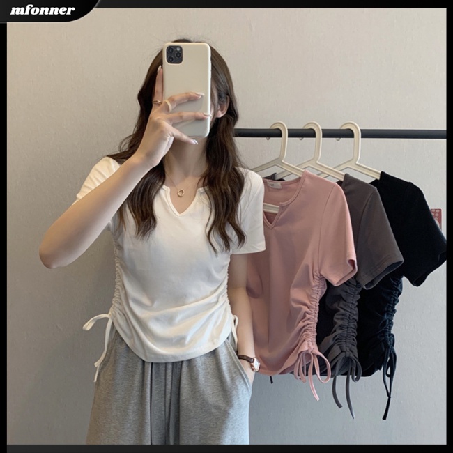 Áo Thun Tay Ngắn Cổ Chữ V Màu Sắc Thời Trang Gợi Cảm Cho Nữ