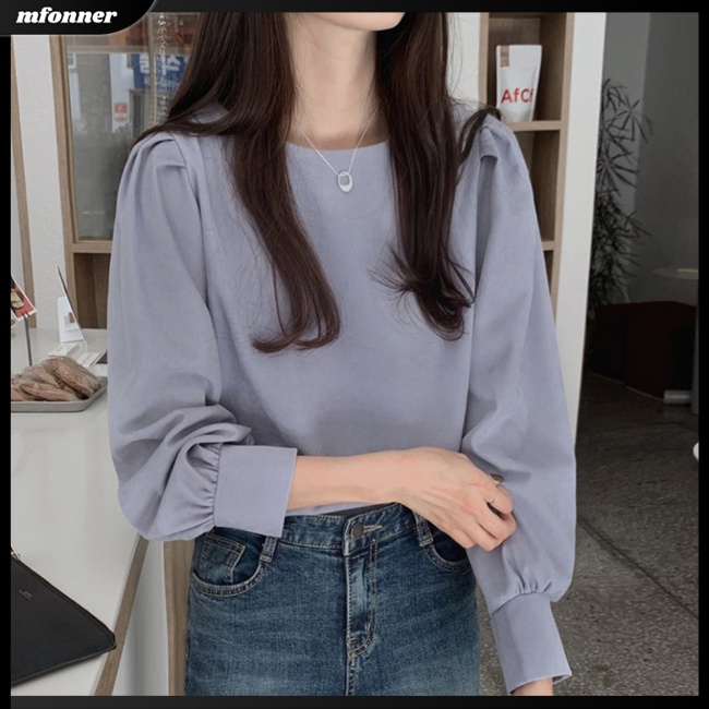 Áo Sơ Mi Tay Dài Phồng Cổ Tròn Màu Sắc Đơn Giản Thoáng Khí Dành Cho Nữ