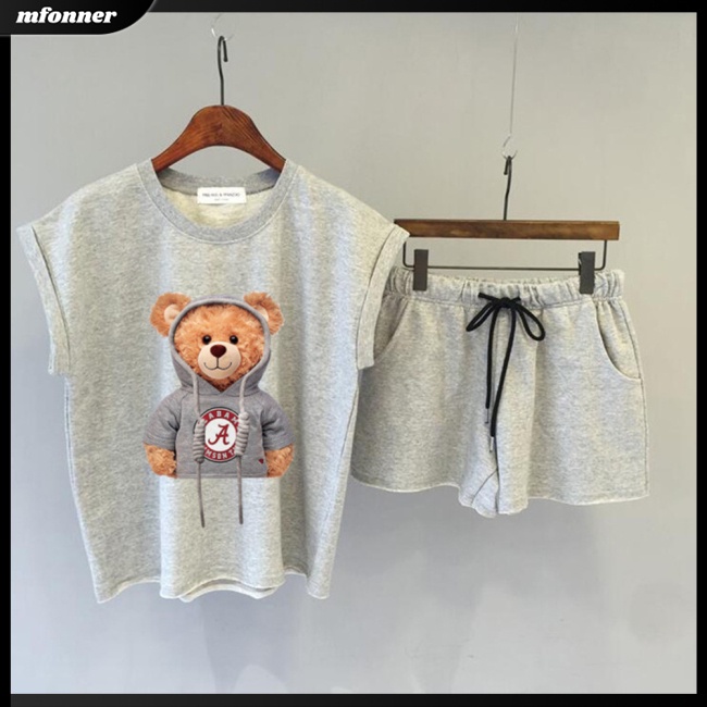 Bộ Trang Phục 2 Mảnh Gồm Áo Sát Nách Cổ Tròn In Họa Tiết Gấu Hoạt Hình + Quần Short Lưng Thun Cho Nữ