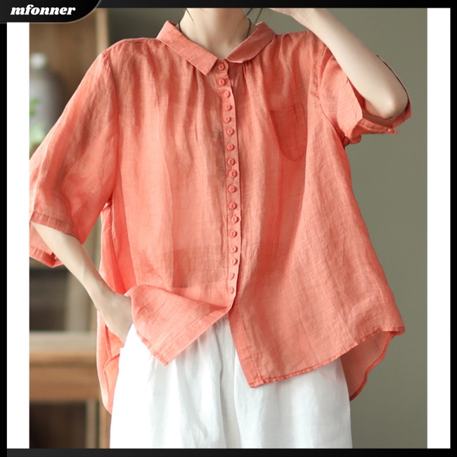 Áo Sơ Mi Cotton Lanh Tay Ngắn Màu Sắc Trơn Phong Cách Retro Dành Cho Nữ