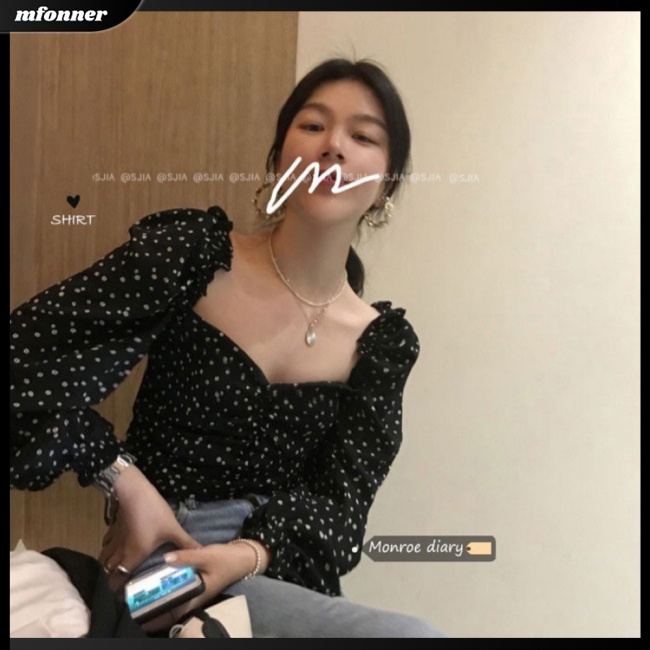 Áo Croptop Cổ Vuông Tay Dài Phồng In Họa Tiết Hoa Phong Cách Pháp Cổ Điển Thời Trang Cho Nữ