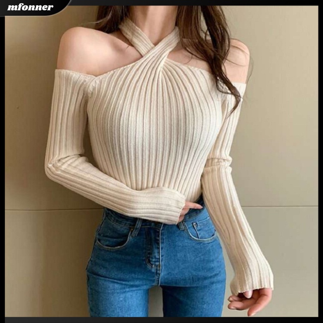 Áo Sweater Dệt Kim Cổ Thuyền Dây Chéo Ôm Dáng Gợi Cảm Cho Nữ