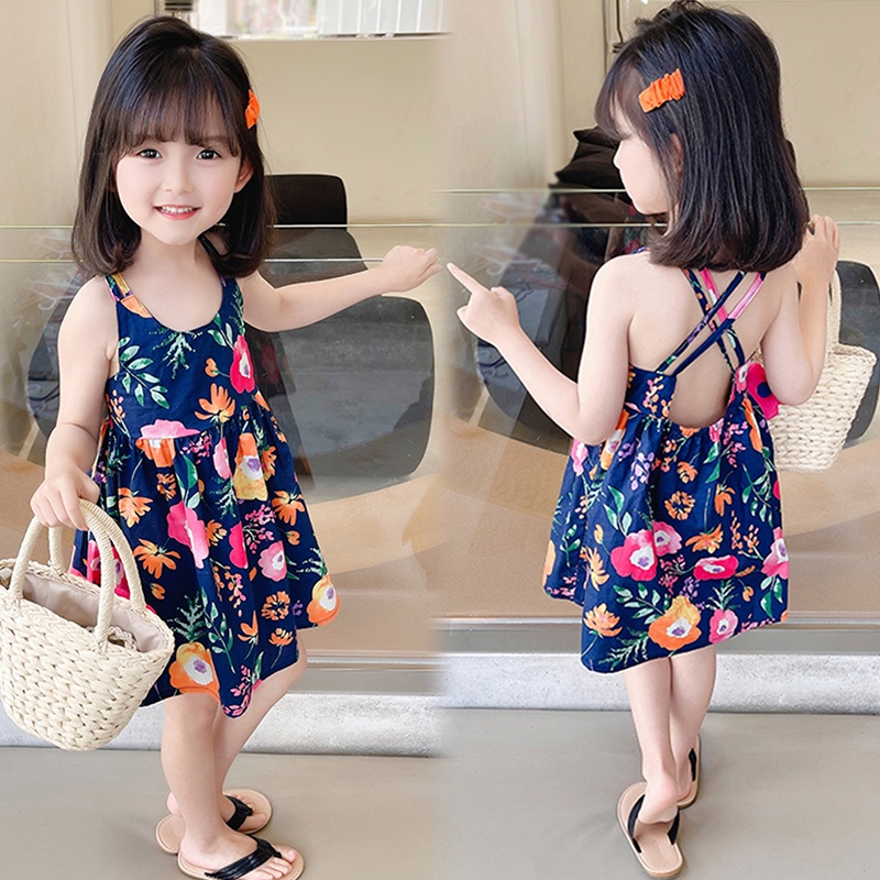 Bộ Khung Đồ Chơi Cho Bé❤Đầm Công Chúa Đi Biển Mùa Hè Mát Mẻ In Họa Tiết Hoa Dễ Thương Phong Cách Hàn Quốc Cho Bé Gái