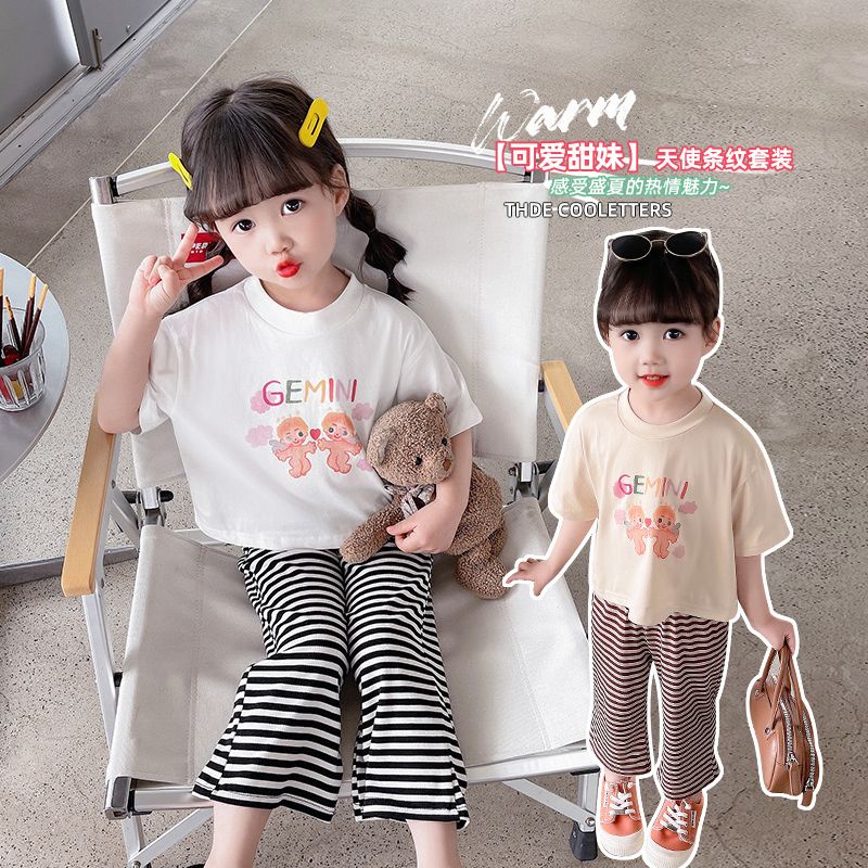 Hàng Mới Về Bộ Áo Thun Tay Ngắn + Quần Short Thể Thao Hai Mảnh In Chữ Phong Cách Hàn Quốc Thời Trang Mùa Hè Cho Bé Gái