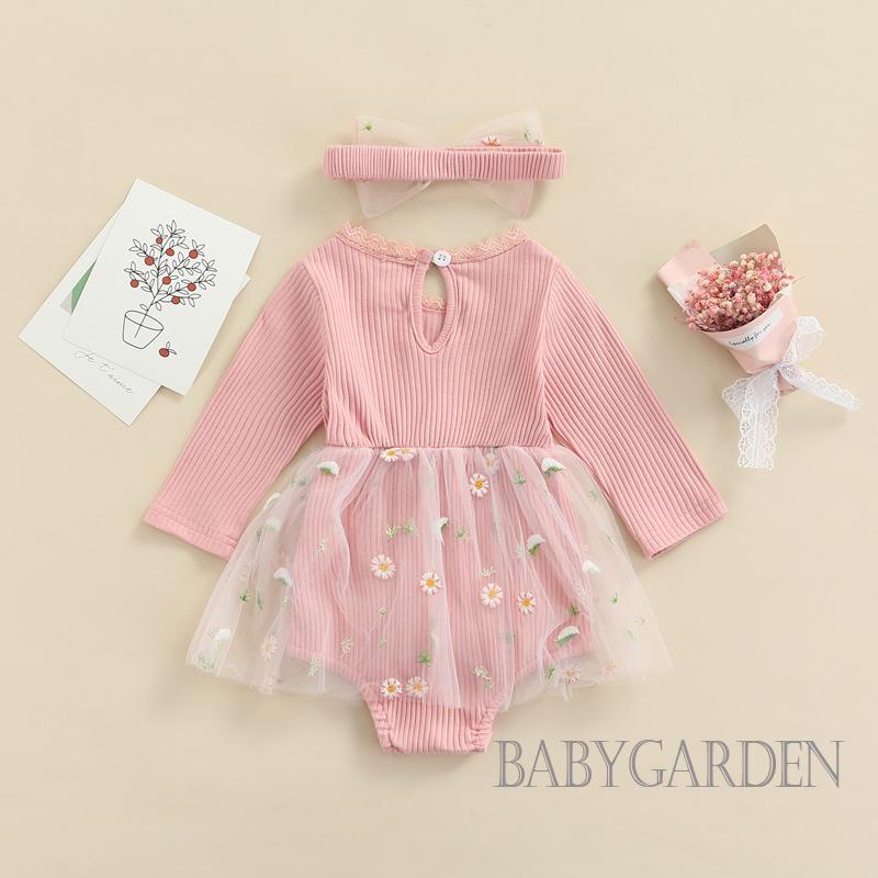 Bộ Áo Liền Quần Dệt Kim Tay Dài Có Gân In Hoa + Băng Đô Cài Tóc Xinh Xắn Cho Bé Gái 0-18 Tháng Tuổi