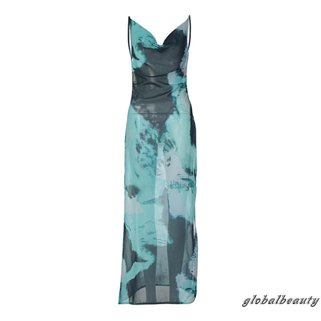 Đầm Dài Hai Dây Cổ Chữ V Họa Tiết Màu Nhuộm Ôm Dáng Gợi Cảm Cho Nữ