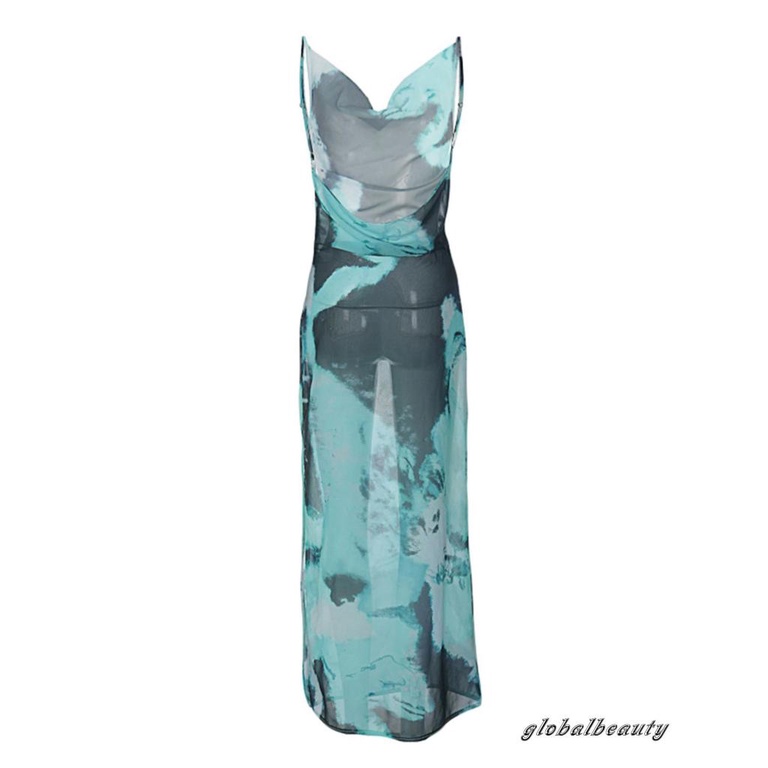 Đầm Dài Hai Dây Cổ Chữ V Họa Tiết Màu Nhuộm Ôm Dáng Gợi Cảm Cho Nữ