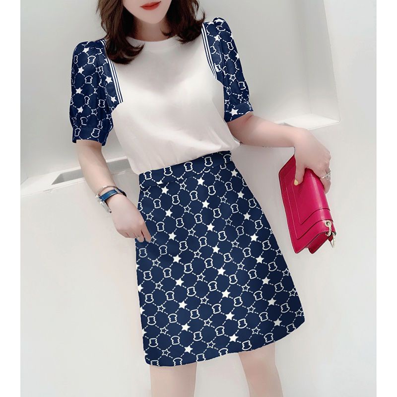 Set Áo Thun Ngắn Tay Và Chân Váy Chữ A Màu Xanh Đậm Phong Cách Châu Âu Thời Trang Mùa Hè Mới Cho Nữ