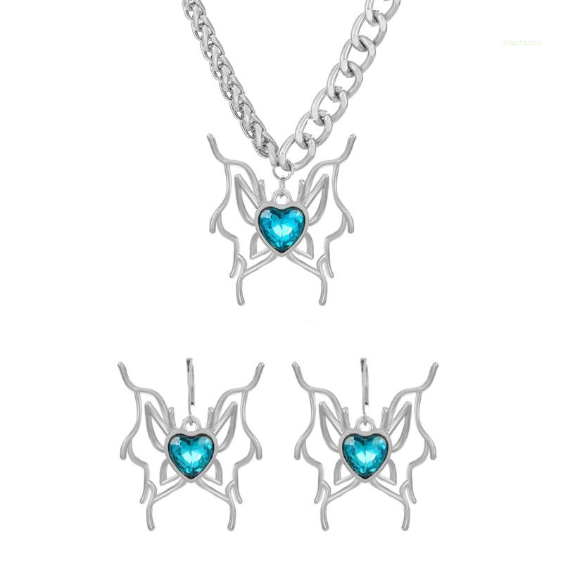 Bộ Vòng cổ + Bông Tai Dạng Vòng Gắn Hình Bướm Màu Xanh Dương Lấp Lánh