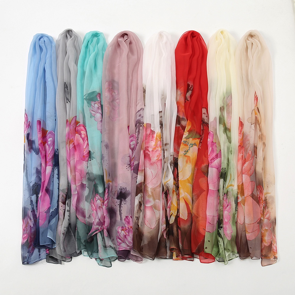 Khăn Quàng Cổ Chống Nắng 160 * 50cm Bằng Lụa Mỏng In Họa Tiết Hoa Sen Thời Trang Xuân Hè Cho Nữ