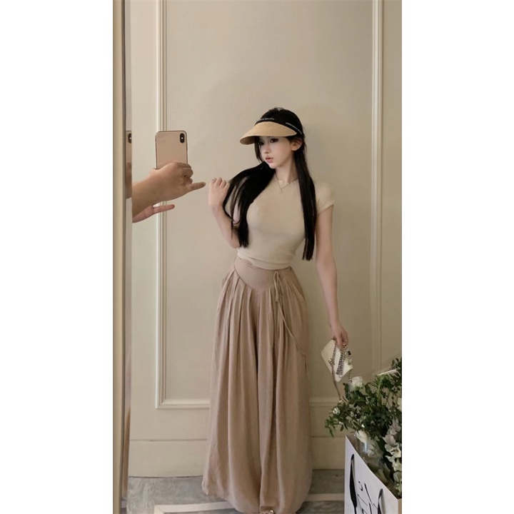 SUXI Áo Croptop Dệt Kim Tay Ngắn Cột Dây Thời Trang Mùa Hè Xinh Xắn Cho Nữ
