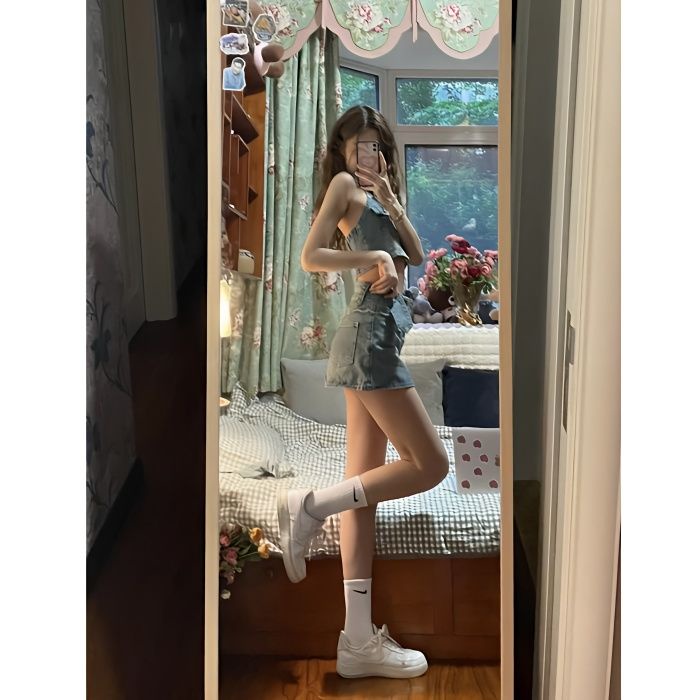 Set Áo denim Sát Nách Và Chân Váy Lưng Cao Phong Cách Retro Dành Cho Nữ