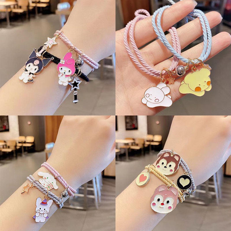 Set 2 Vòng Tay Dây Co Giãn Mặt Hình Chữ Sanrio Thời Trang Cho Cặp Đôi