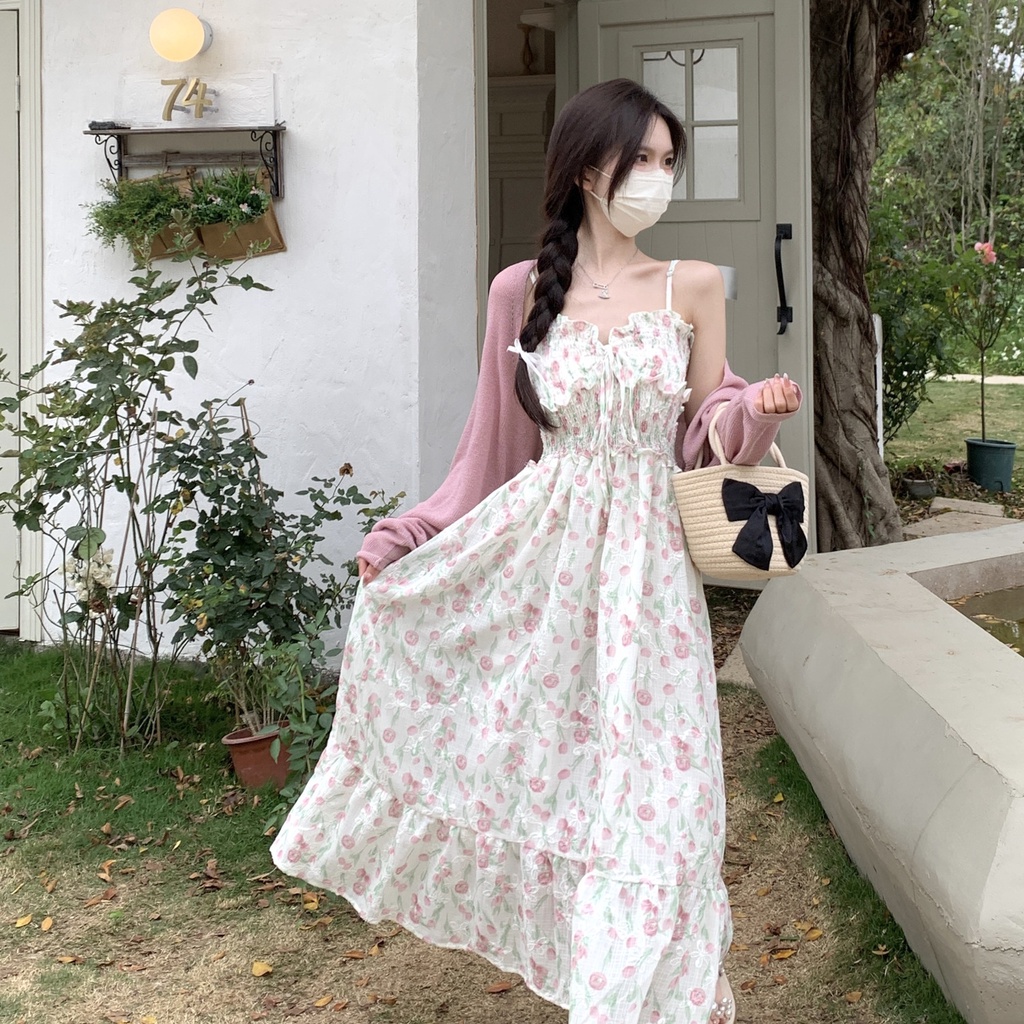 Set Đầm Hai Dây Họa Tiết Hoa Và Áo Khoác Cardigan Thời Trang Xuân Thu Cho Nữ