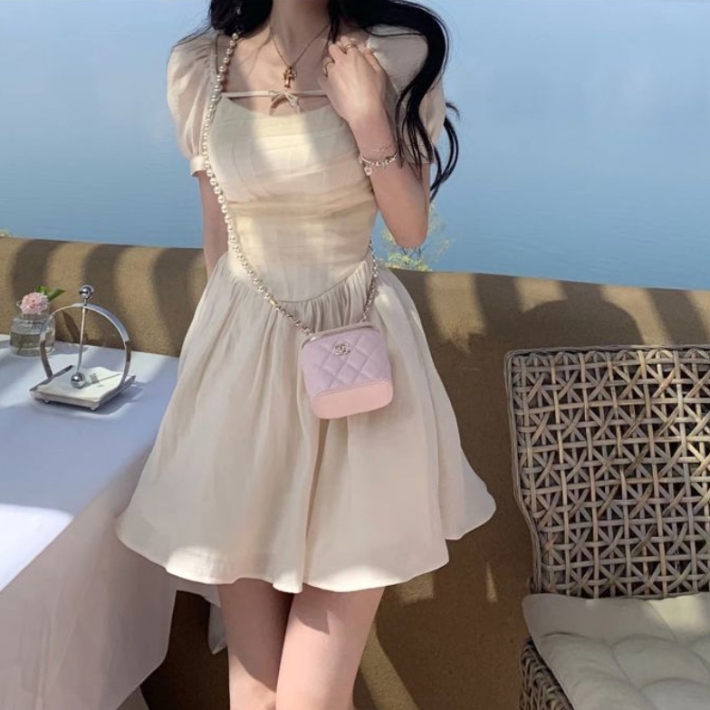 COZOK Đầm Tay Ngắn Chiết Eo Thời Trang Thanh Lịch Cho Nữ