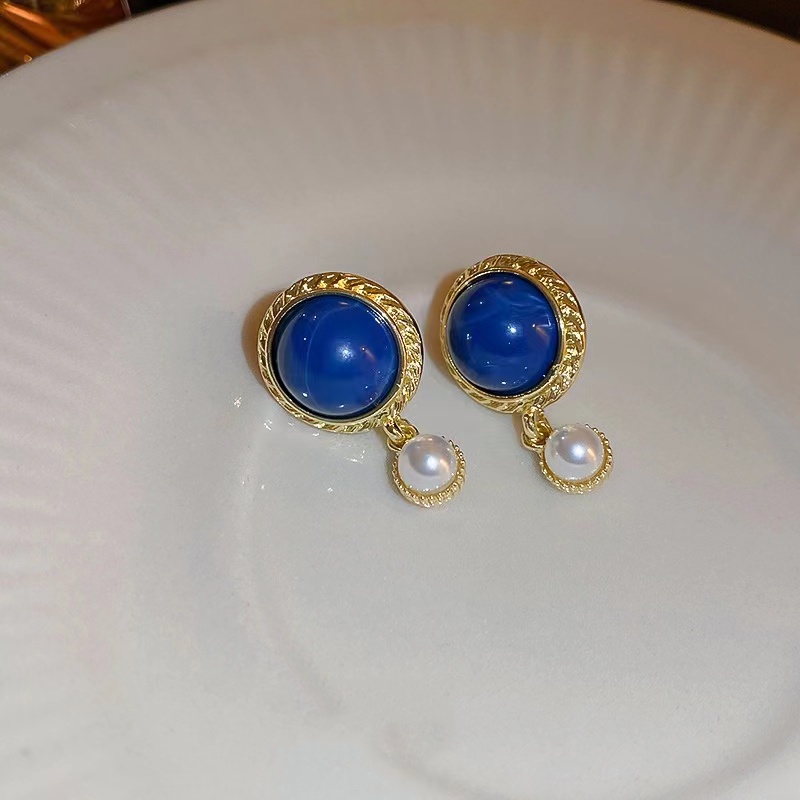 Bông Tai Bạc Đính Ngọc Trai Xanh Dương Phong Cách Pháp Thời Trang Cho Nữ