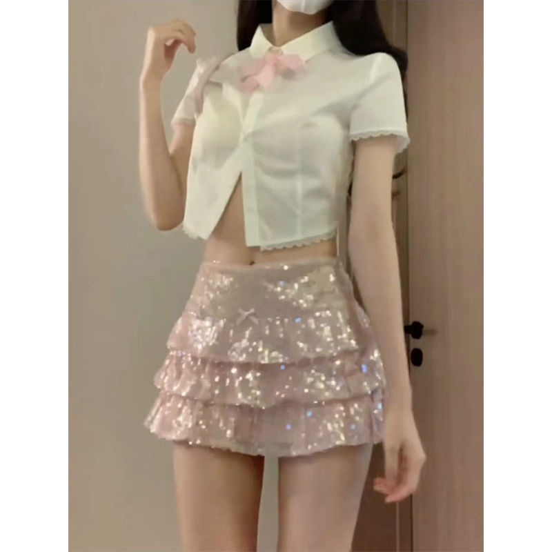 Bộ Áo Sơ Mi Ngắn Tay Đính Nơ + Chân Váy Ngắn Lưng Thấp Đính Kim Sa Lấp Lánh Thời Trang Cho Nữ