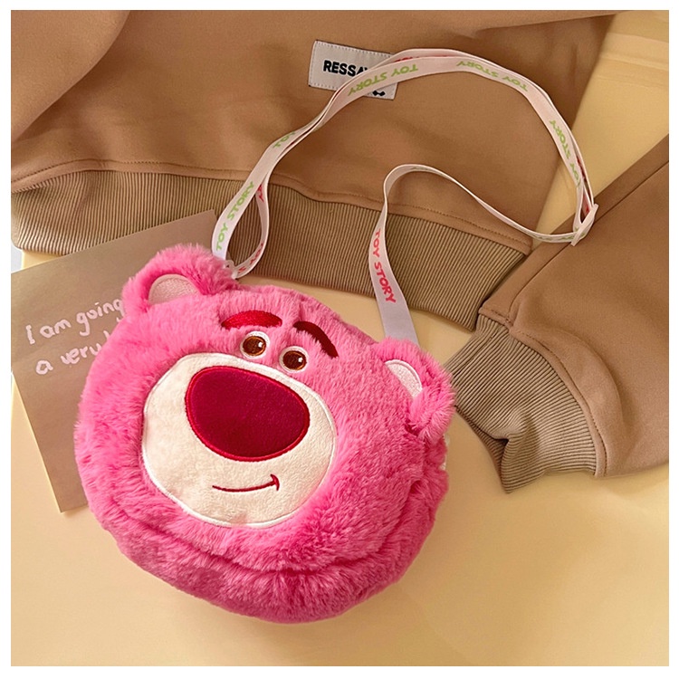 Favour Túi Đeo Chéo Hình Tròn Nhỏ Ba Mắt Phối Lông Xù Hình Gấu Dâu Tây Dễ Thương Dành Cho Bạn Nữ / Bé Trai