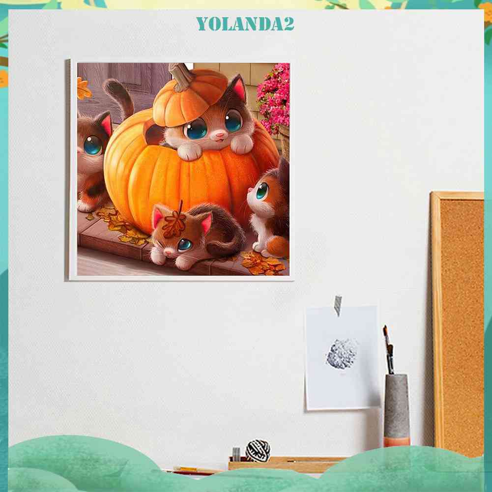 Bộ Tranh Đính Đá 5D Toàn Diện Họa Tiết Mèo Và Bí Ngô Độc Đáo DIY Dùng Trang Trí Nhà Cửa