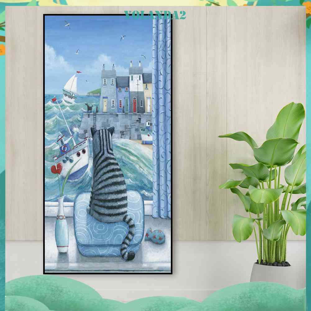 Bộ Tranh Đính Đá 5D Tự Làm Toàn Diện Hình Mèo Xem Sóng