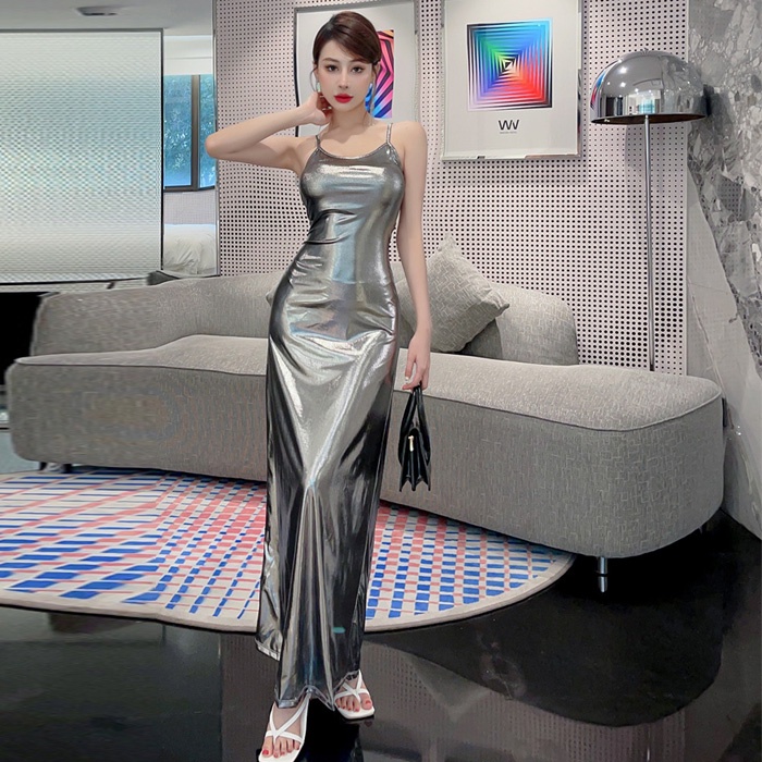 Đầm Hai Dây Dáng Dài Màu Ánh Kim Lấp Lánh Thời Trang Cho Nữ
