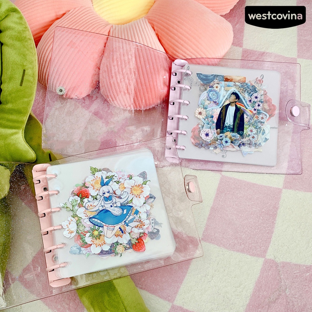 [COD]♪Vỏ Bọc Sổ Tay Nhật Ký Hình Vuông 6 Lỗ Trong Suốt Lấp Lánh Chống Thấm Nước DIY