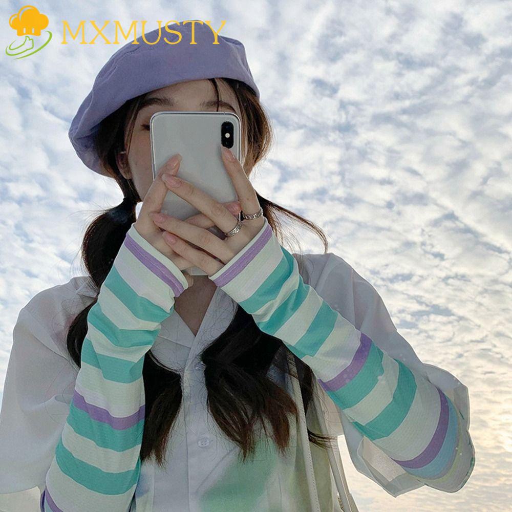 Găng Tay Chống Nắng Vải Lụa Lạnh Mỏng Co Giãn Họa Tiết Sọc Cầu Vồng Y2k