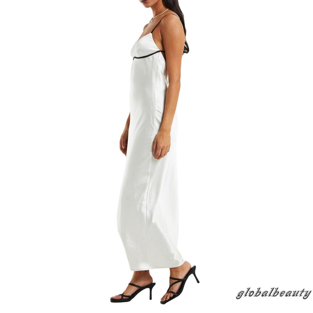 Đầm Dài Không Tay Vải Satin Hở Lưng Màu Sắc Tương Phản Dành Cho Nữ