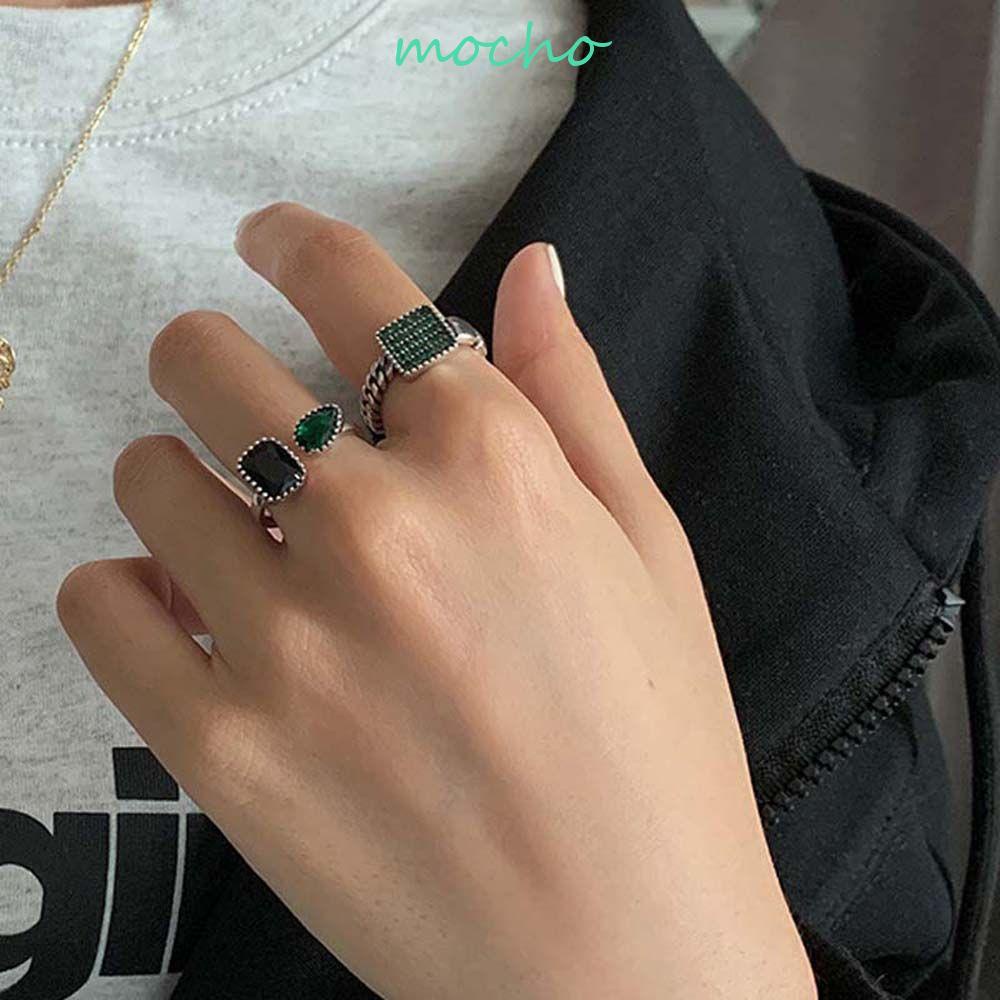 Nhẫn Hở Hình Giọt Nước Màu Xanh Lá / Đen Phong Cách Vintage Tinh Tế|Nhẫn Kim Loại Lấp Lánh Thời Trang