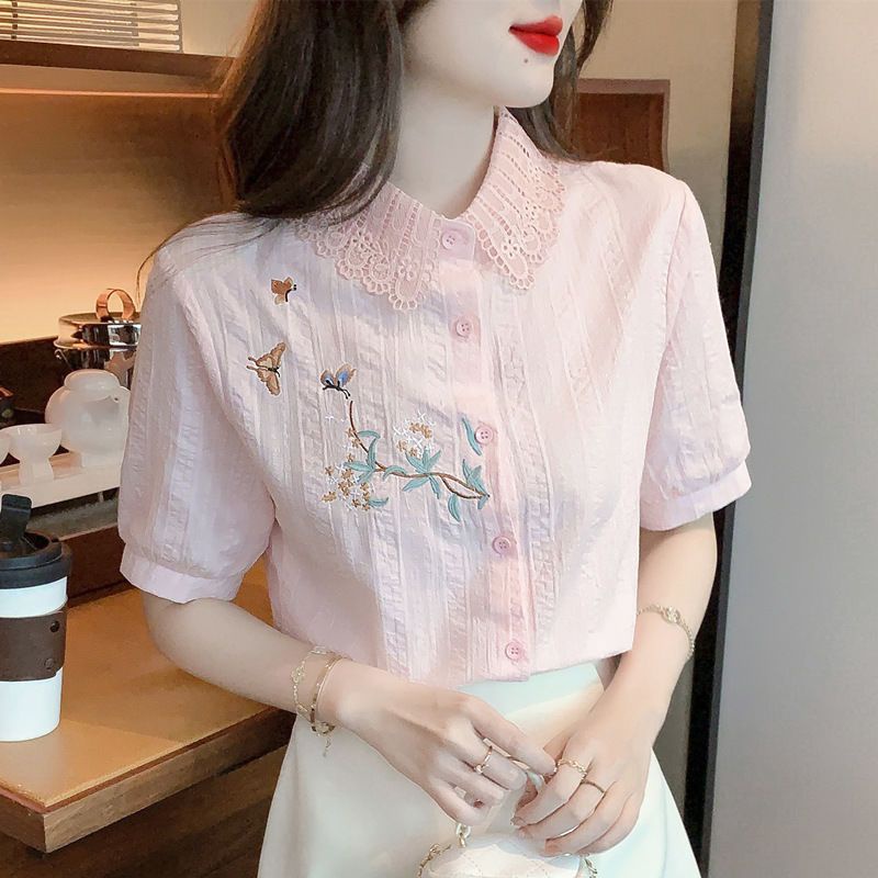 Áo Sơ Mi Cotton Mỏng Tay Ngắn Thêu Họa Tiết Thời Trang Mùa Hè 2023 Cho Nữ