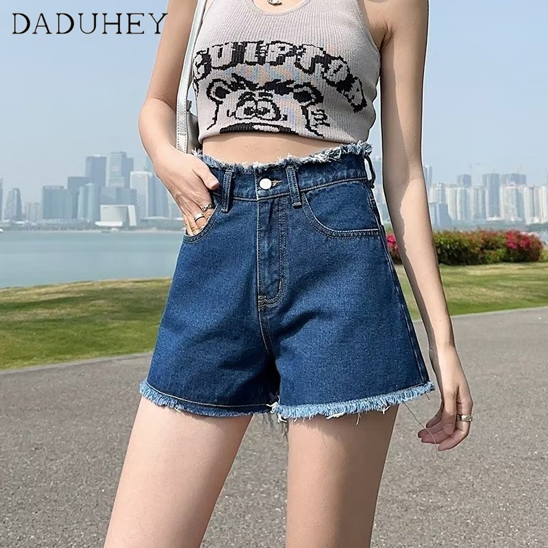 Quần short denim DADUHEY size lớn ống rộng cạp cao viền thô thời trang phong cách Hàn Quốc cho nữ