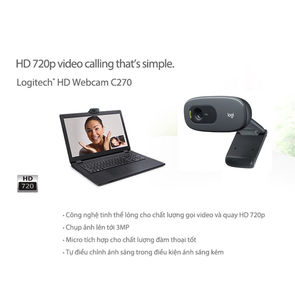 [Mới nguyên hộp ] Webcam Logitech C270 720p HD - Góc cam 55o, mic giảm ồn, tự chỉnh sáng, chụp ảnh 3MB - Bảo hành