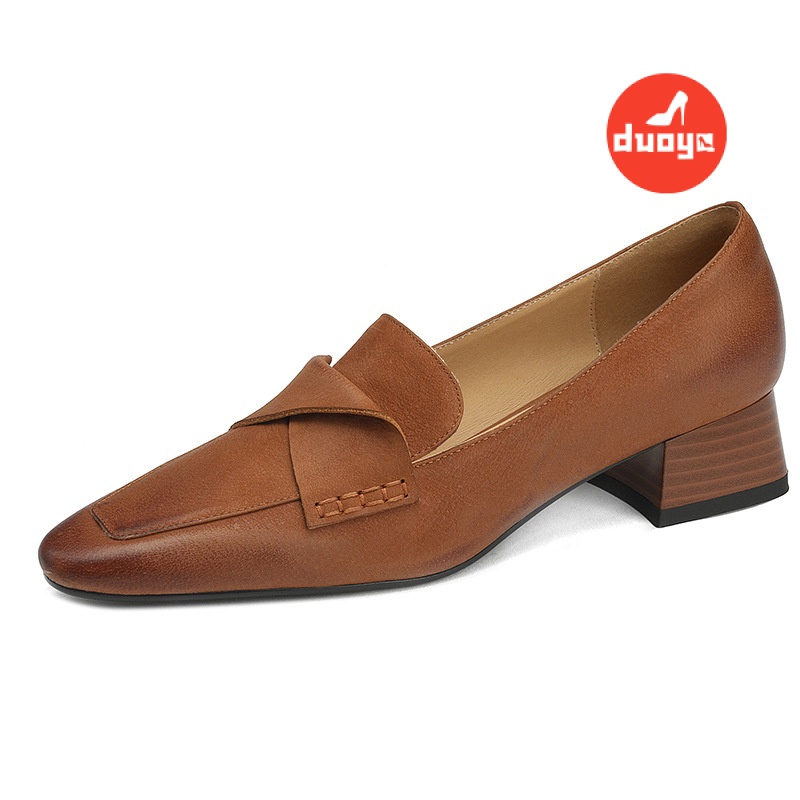Duoya Giày Da Mềm Gót Dày Vừa Mũi Nhọn Màu Nâu Phong Cách Pháp Cho Nữ
