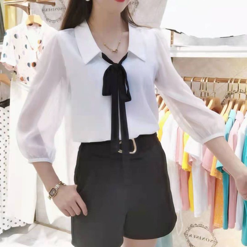 Áo Sơ Mi chiffon Tay Lỡ Thắt Nơ Thời Trang Mùa Hè Cho Nữ