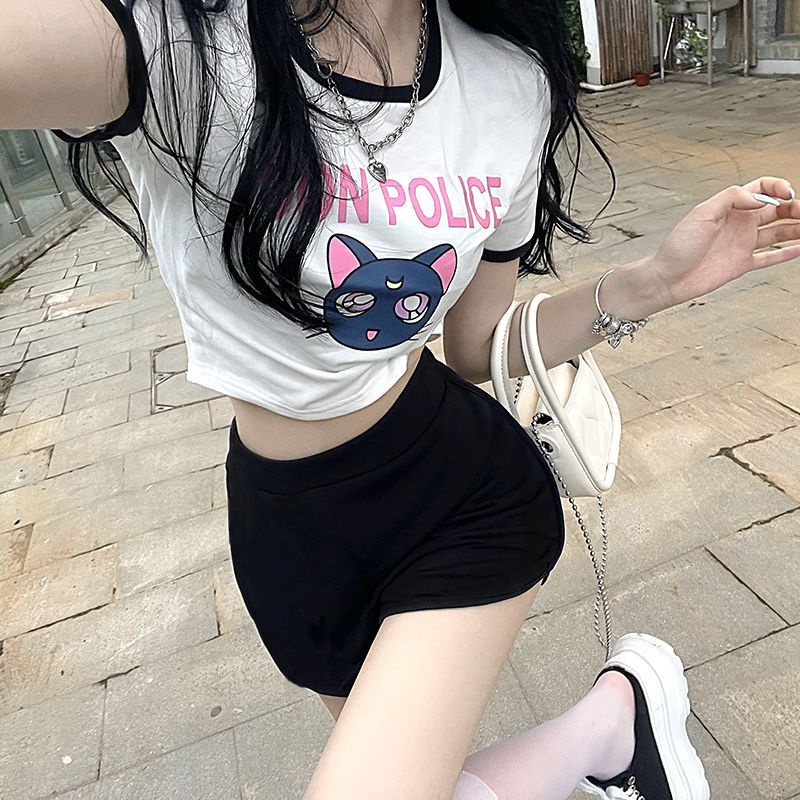 Set Áo Thun Ngắn Tay + Quần Short Lưng Cao Họa Tiết Hoạt Hình Thời Trang Mùa Hè Cho Nữ