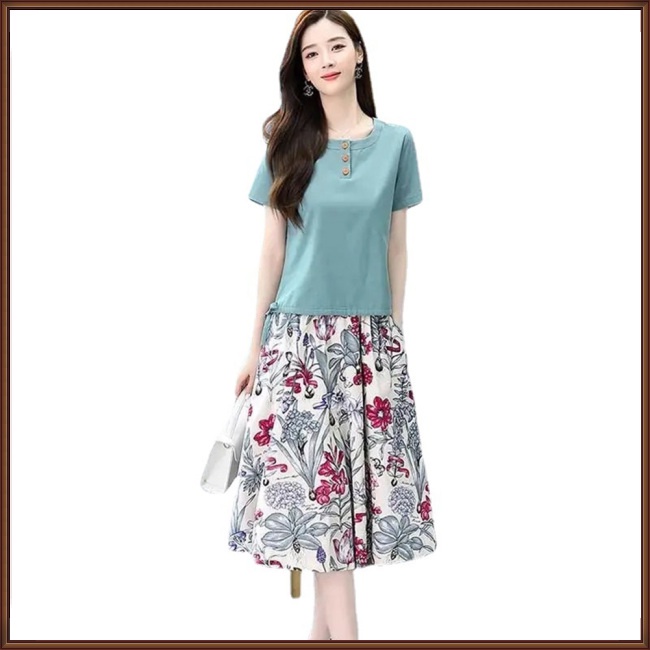 Bộ Trang Phục 2 Mảnh Áo Thun Tay Ngắn Cổ Tròn In Họa Tiết Hoa Phối Chân Váy Midi Thời Trang Cho Nữ