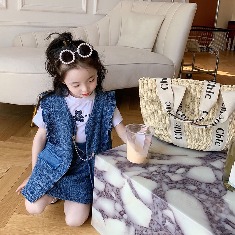 Bộ Đồ Denim 3 Món Thoáng Khí Thoải Mái Phong Cách Hàn Quốc Thời Trang Mùa Hè Cho Bé Gái